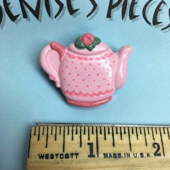 Easter Teapot Pin Brooch Pink Polkadot Green Flower - Picture 2 of 2